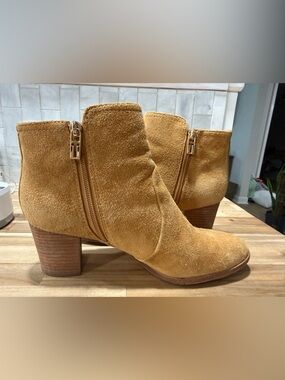 Tory Burch Mustard Suede Ankle Booties with Side Zip
